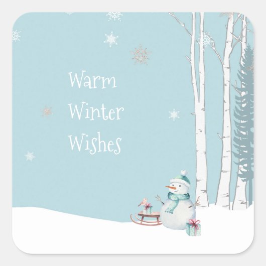 暖かい冬の願い雪だるまとそり雪のティール(緑がかった色) スクエアシール (正面)