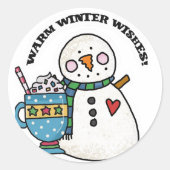 暖かい冬の願い、かわいい雪だるま ラウンドシール (正面)