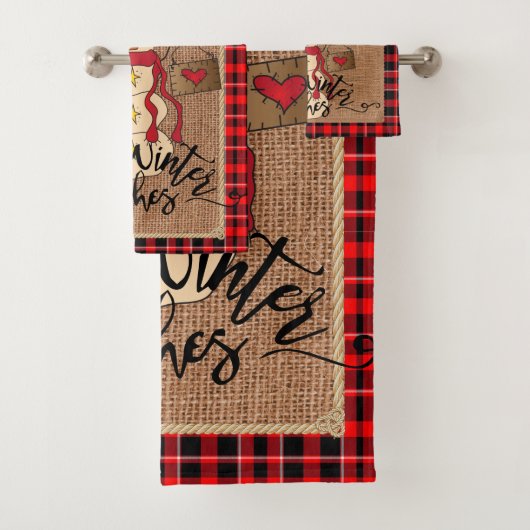 暖かい冬の願い – 雪だるま- Red Plaid バスタオルセット (インサイチュ)