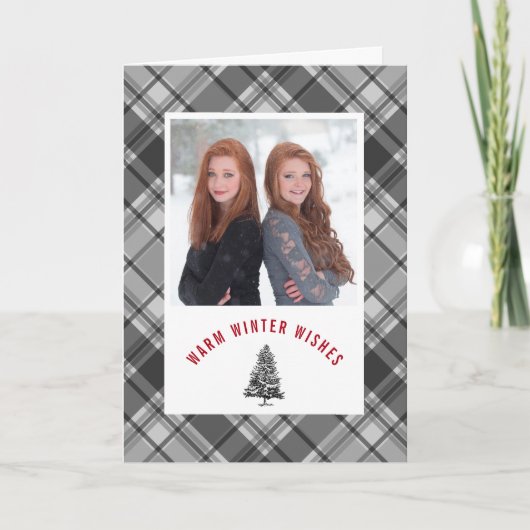 暖かい冬は格子縞に小ぎれいな写真のクリスマスを望みます シーズンカード (正面)