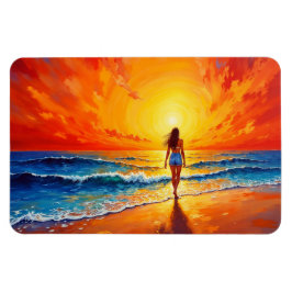 暖かい夕日が沈む海辺を歩く女性 マグネット