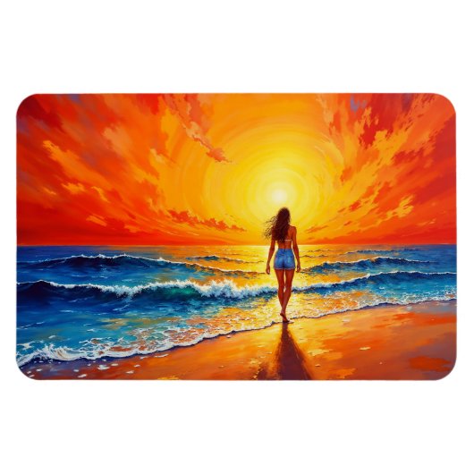暖かい夕日が沈む海辺を歩く女性 マグネット (横)