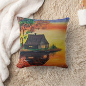 暖かい夕日のコテージ絵を描風景 クッション (ブランケット)