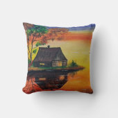 暖かい夕日のコテージ絵を描風景 クッション (正面)