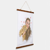 暖かい女の子&猫イラストレーションウッド – トートップウォールTa 吊り下げ型タペストリー (傾斜あり)