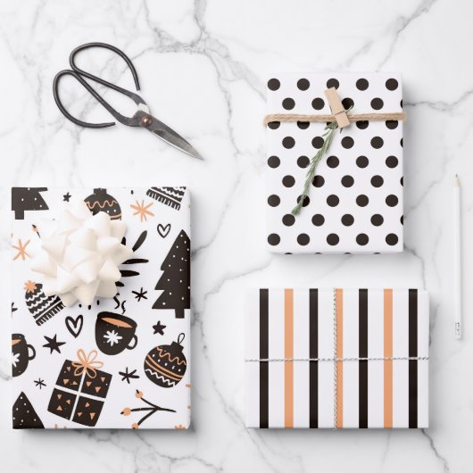 暖かい居心地の良い冬のクリスマスラッピング紙セット3 ラッピングペーパーシート (正面)