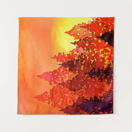 暖かい日没の水彩樹 タペストリー