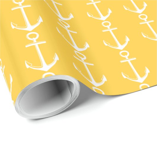 暖かい日没の黄色の航海ので白いいかり ラッピングペーパー (ロールコーナー)