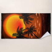 暖かい時事的な日没とヤシの木 ビーチタオル (正面)