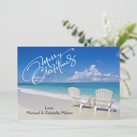 暖かい晴れのビーチ（椅子付き）クリスマスカード シーズンカード (スタンド正面)