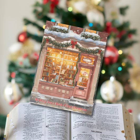 暖かい本屋のクリスマスホリデーグリーティング シーズンポストカード