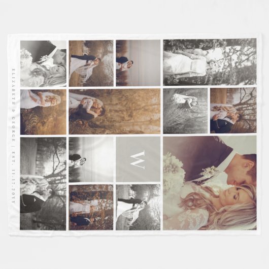 暖かい灰色のモダンなモノグラムの最小主義の写真のコラージュ フリースブランケット (正面(横))