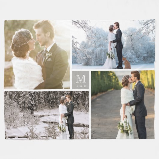 暖かい灰色のモダンなモノグラム4の写真のコラージュの結婚式 フリースブランケット (正面(横))