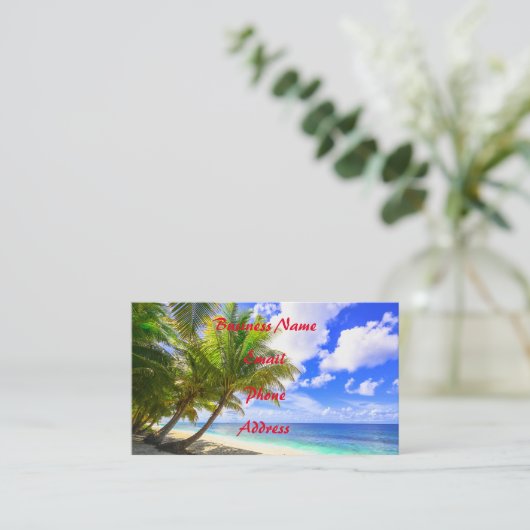 暖かい熱帯島の砂浜のやし 名刺 (スタンド正面)