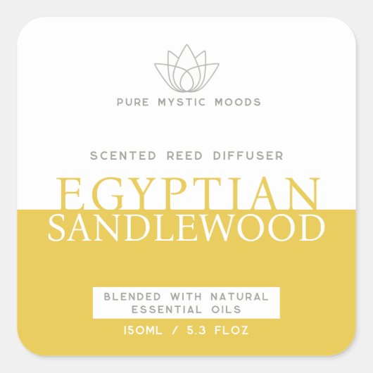 暖かい白檀イエローリードのディフューザー製品ラベル スクエアシール (正面)