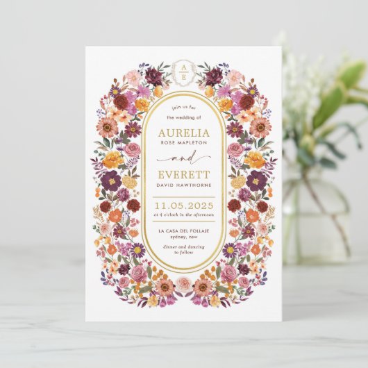 暖かい秋のワイルドフラワー庭園の結婚式詳細 招待状 (スタンド正面)