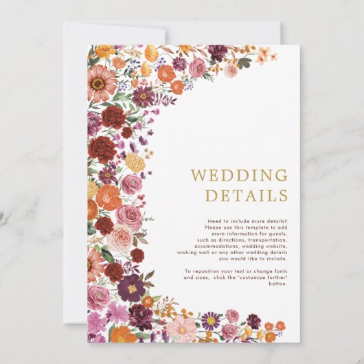 暖かい秋のワイルドフラワー庭園の結婚式詳細 招待状 (裏面)