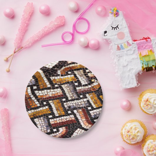 暖かい秋の色調のローマのタイルモザイク ペーパープレート (パーティー)