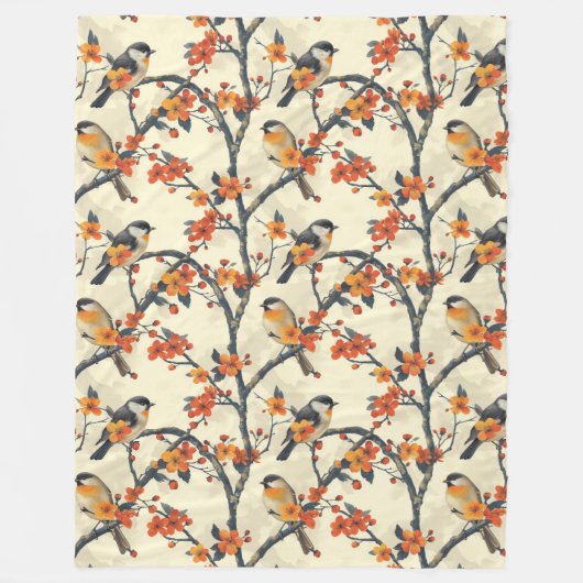 暖かい秋投げ鳥と季節の花 フリースブランケット (正面)