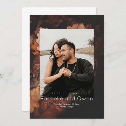 暖かい紅葉写真の結婚式の日付を保存 セーブザデート (正面/裏面)