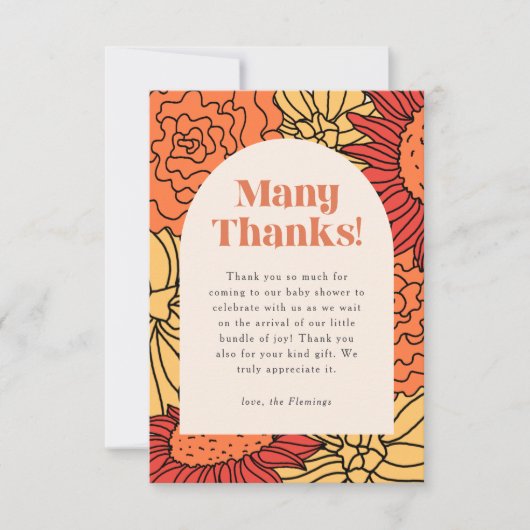 暖かい色の大きなフローラアーチ赤ちゃんシャワー サンキューカード (正面)