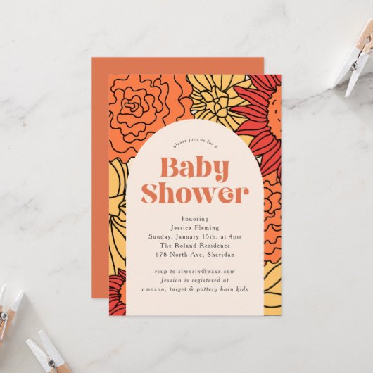 暖かい色の大きなフローラアーチ赤ちゃんシャワー 招待状 (正面/裏面インサイチュ)
