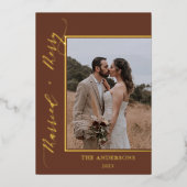 暖かい茶色2フォトクリスメリーマ結婚したス金ゴールド 箔シーズンカード (正面)