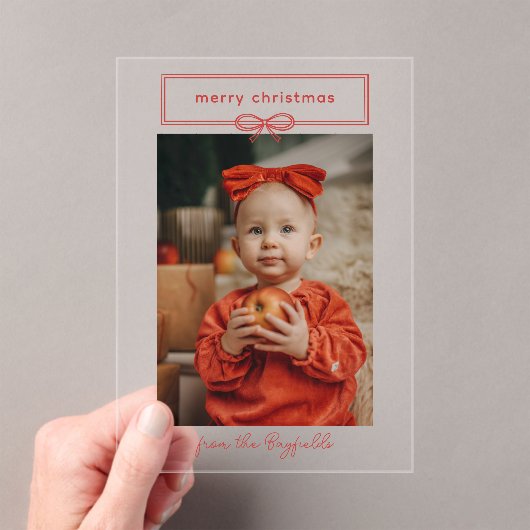 暖かい赤いかわいらしボウ写真メリークリスマス アクリル招待状 (インサイチュ (ポータブル))