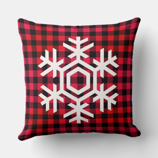 暖かい赤のタータンチェックパターン上の白いスノーフレーク クッション (裏面)
