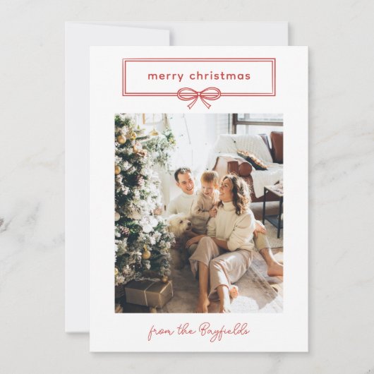 暖かい赤の白いかわいらし弓の写真メリークリスマス シーズンカード (正面)