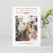 暖かい赤の白いかわいらし弓の写真メリークリスマス シーズンカード (スタンド正面)