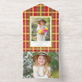 暖かい赤素朴と金ゴールドの格子写真 オールインワン招待状 (内側)