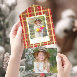 暖かい赤素朴と金ゴールドの格子写真 オールインワン招待状