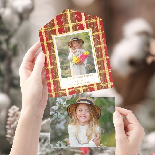 暖かい赤素朴と金ゴールドの格子写真 オールインワン招待状