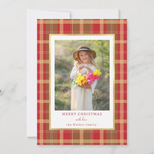 暖かい赤素朴と金ゴールドの格子写真 シーズンカード (正面)