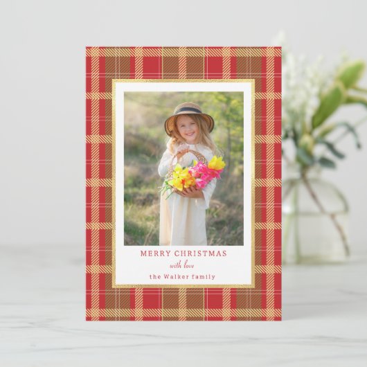 暖かい赤素朴と金ゴールドの格子写真 シーズンカード (スタンド正面)