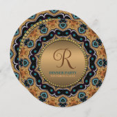 暖かい金ゴールドとティール(緑がかった色)モロッコスパークルディナーパーティー 招待状 (正面/裏面)