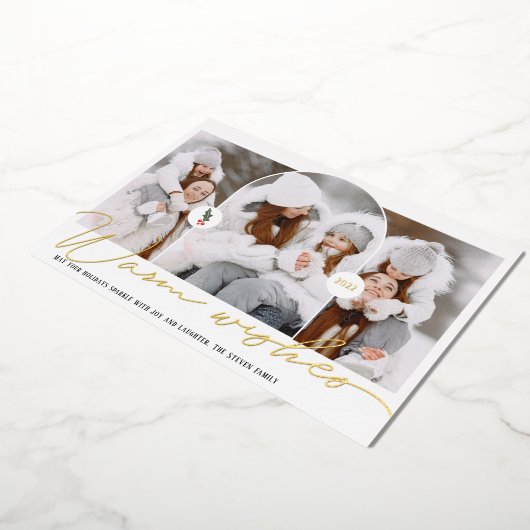 暖かい願いモダンアーチ3写真赤いスクリプト 箔シーズンカード (回転した状態)