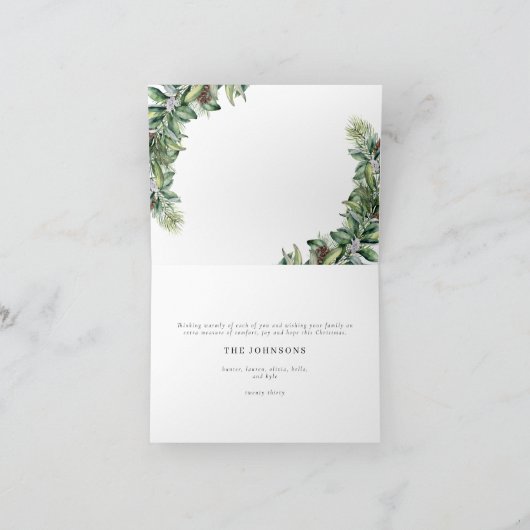 暖かい願い冬のモミのコーン緑の写真ホリ シーズンカード (内部)