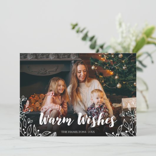暖かい願い可愛い冬の葉フォトクリスマス 招待状 (スタンド正面)