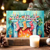 暖かい願い居心地の良い水色の暖炉クリスマス シーズンカード