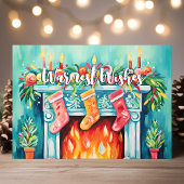 暖かい願い居心地の良い水色の暖炉クリスマス シーズンカード