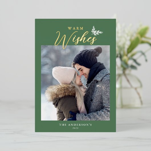暖かい願い書モダン道写真グリーン金ゴールド 箔シーズンカード (立ち正面)