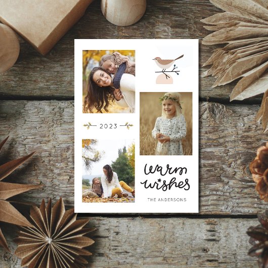 暖かい願い植物鳥3枚の写真クリスマス シーズンカード