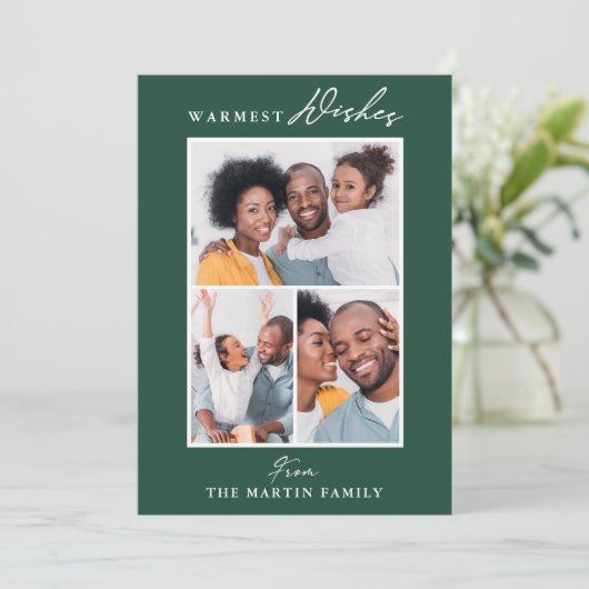 暖かい願い緑3枚の写真コラージュ シーズンカード (スタンド正面)