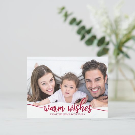 暖かい願い赤い書道写真クリスマス ポストカード (スタンド正面)
