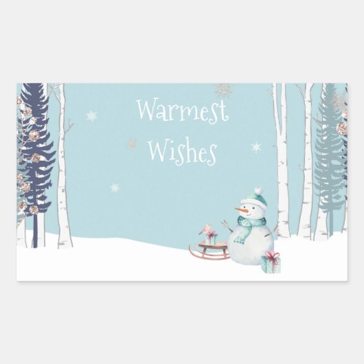 暖かい願い雪だるまとスリル雪のティール（緑がかった色） 長方形シール (正面)