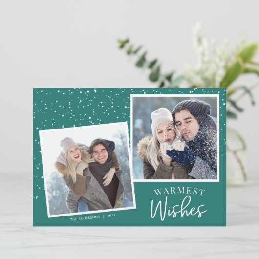 暖かい願い雪の暗いティール（緑がかった色）2写真クリスマス シーズンカード (スタンド正面)