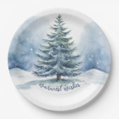 暖かい願い雪の覆われた常緑樹 ペーパープレート (正面)