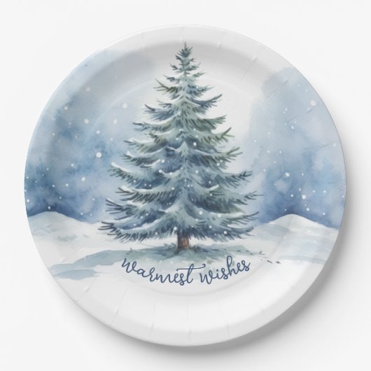 暖かい願い雪の覆われた常緑樹 ペーパープレート (正面)